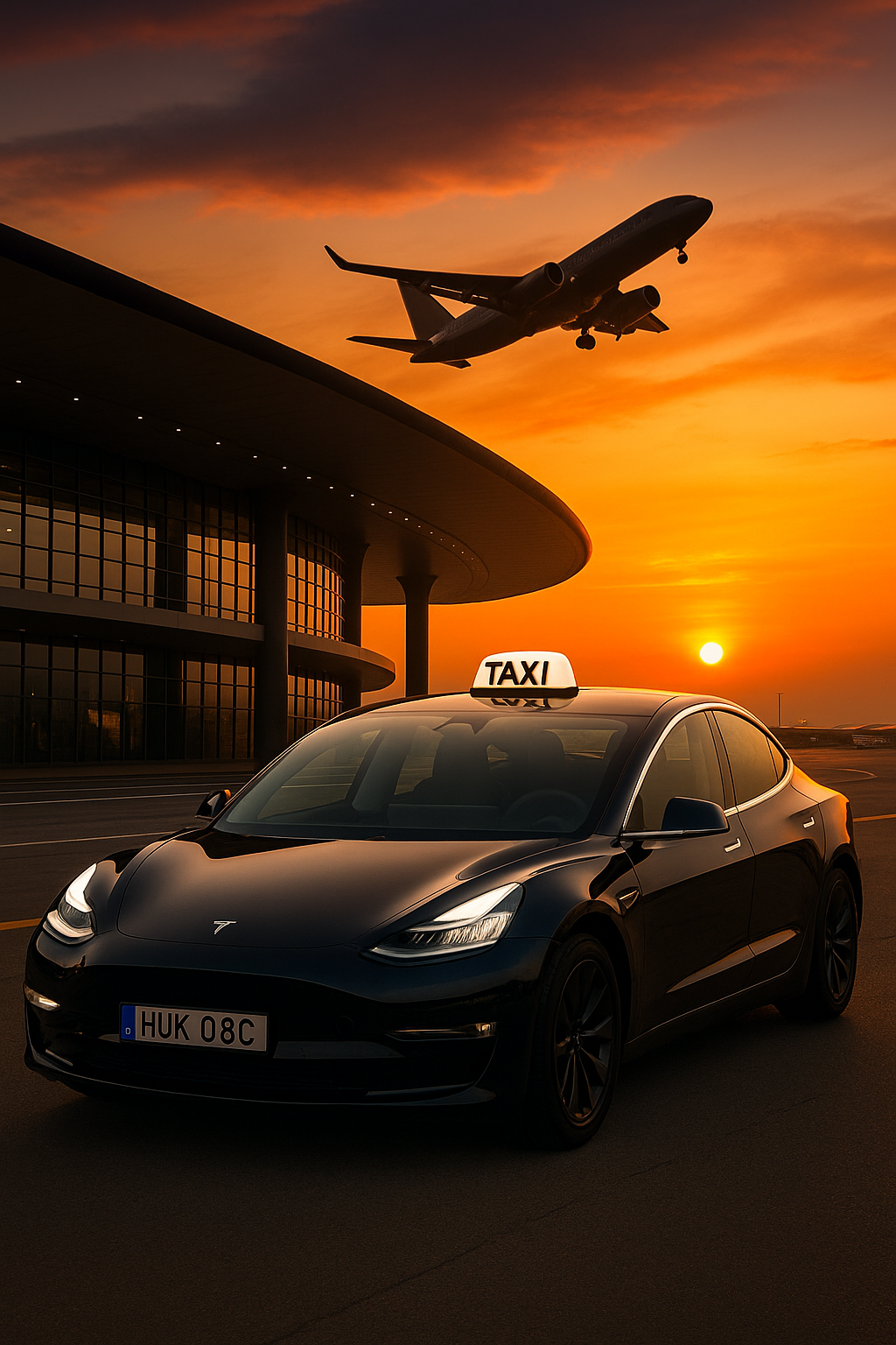 Svart Tesla Model 3 taxi med vit taxiskylt, registreringsnummer HUK 08C, framför flygplats i solnedgång – Flygtaxi Direkt
